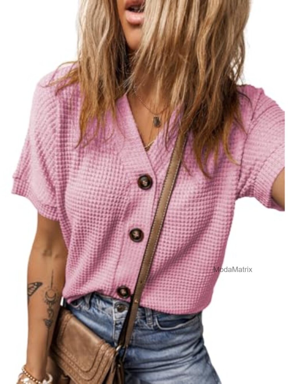 Waffle Knit Button Down Shirt Short Sleeve V-Neck Cropped Summer Top